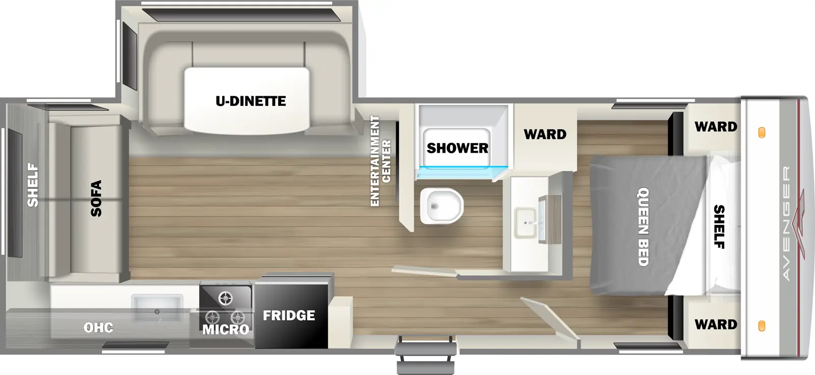 The 24RLSLE has one slideout and one entry. Interior layout front to back: foot facing queen bed with shelf above, wardrobes on each side, and off-door side wardrobe; off-door side full bathroom with entry door across from it; entertainment center along inner wall; off-door side u-dinette slideout; door side refrigerator, microwave, cooktop, overhead cabinet, kitchen counter and sink; rear sofa with shelf above.